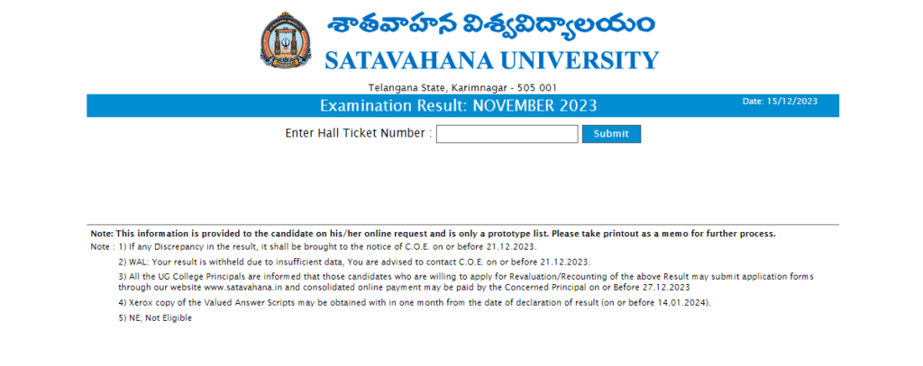 Satavahana University 5th Sem Result 2023