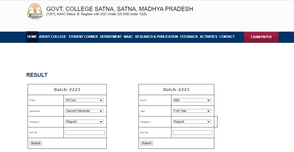 PG College Satna Result 2023 