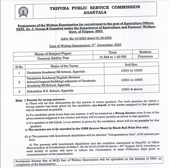 TPSC Agriculture Officer Notice