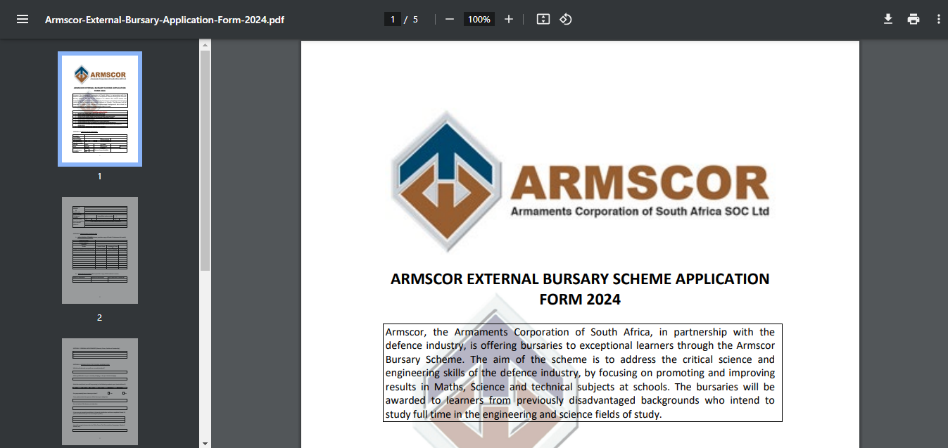 Armscor Bursary Application 2024